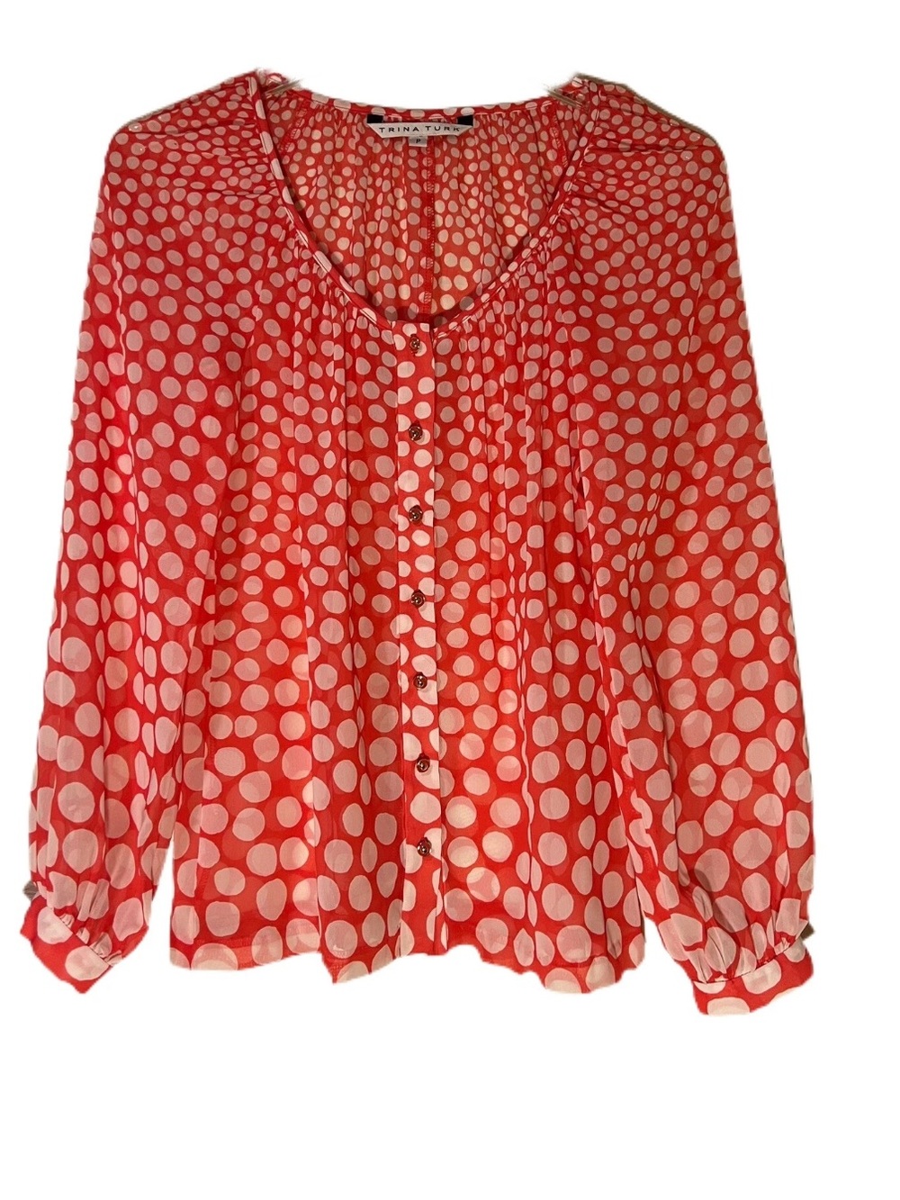 Trina Turk Orange White Blouse Polkadot Scoop Neck Women